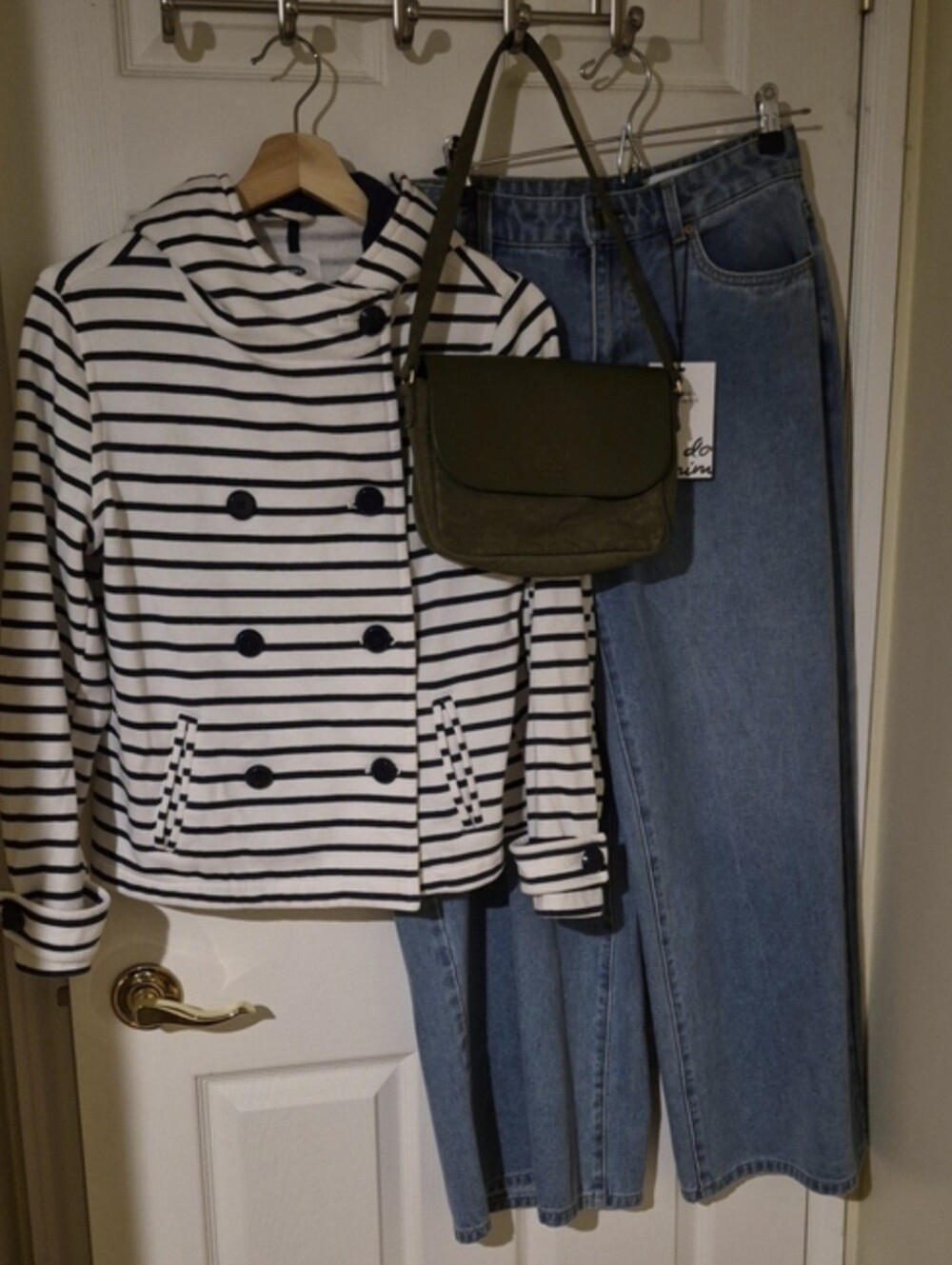 Striped Double-Breasted Women's Peacoat Jacket - White & Navy - Small